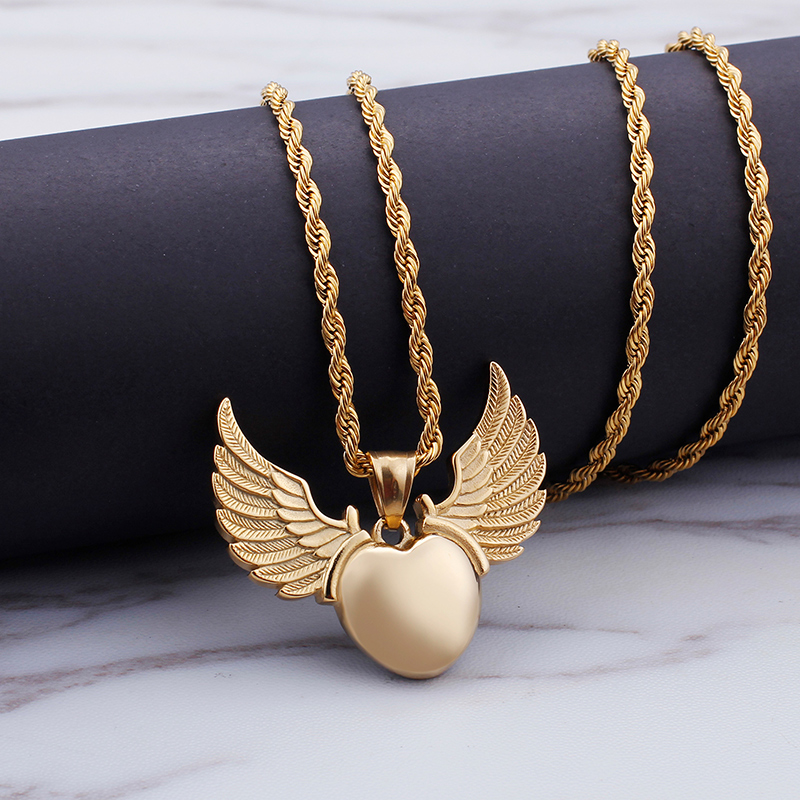 Women Men Hip Hop Heart Shape Angel Wings Pendants Necklace 316L Stainless Steel 18K Gold Plated Jewelry