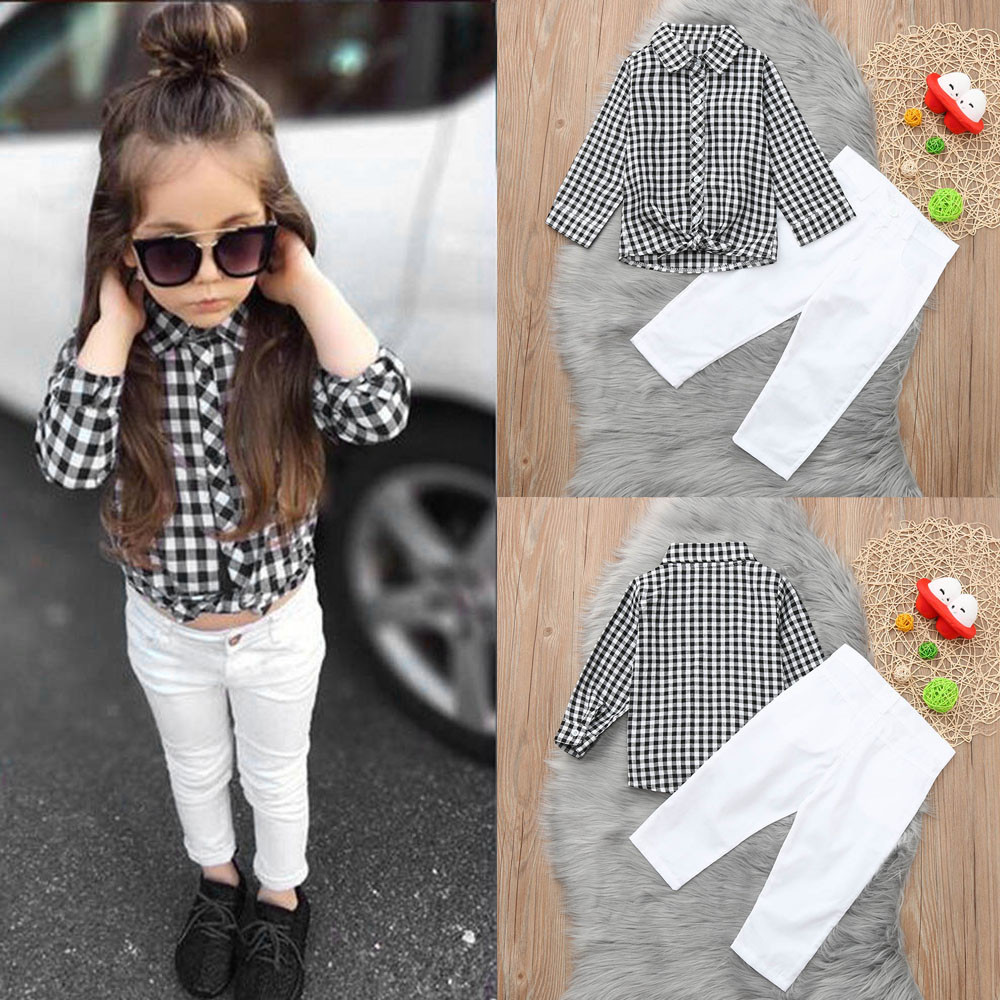 Kids clothes girls Clothing Set 2PCs Baby Outfits Clothes Plaid T-shirt Blouse Tops Long Pants Set roupas menina