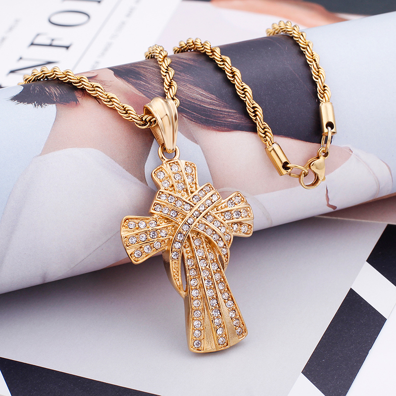 Men Hip Hop Domineering Cross Pendants Necklace 316L Stainless Steel Cubic Zirconia Setting 18K Gold Plated Jewelry