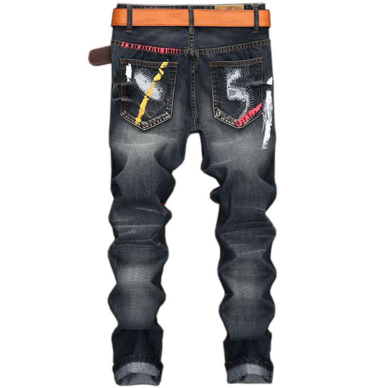 Ink Hole Jeans Men Straight Bleached Vintage Ripped Scratched Washed Casual Jean Denim Wild Male Tide High Quality