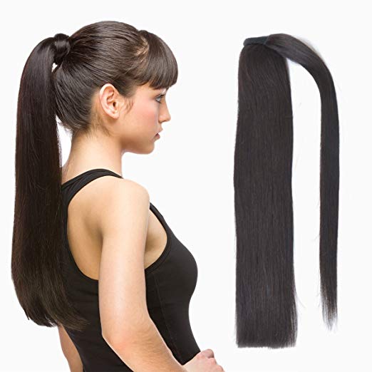 Long sleek straight ponytail hairstyle human hair drawstring pony tail hair piece double drawn 160g cuticle aligned hair