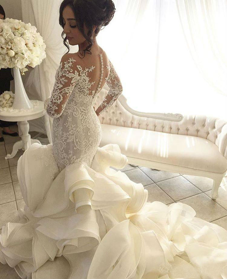 plus size mermaid wedding dresses long sleeve lace applique cascading ruffles bridal gowns with court train vintage wedding dress