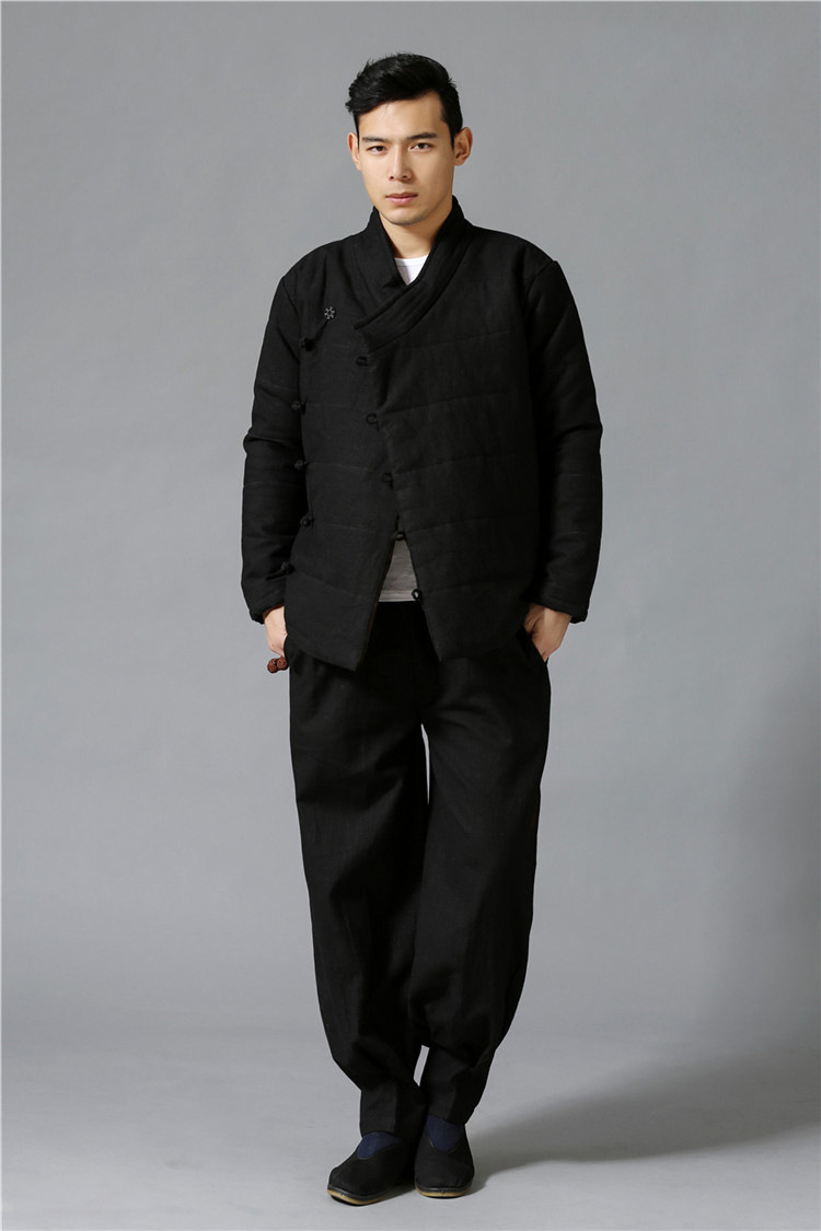 East Asian Vintage Jacket Winter men ramie cotton padded clothes slant lapel Chinese Style Coat Traditional Warm Cotton Linen clothes