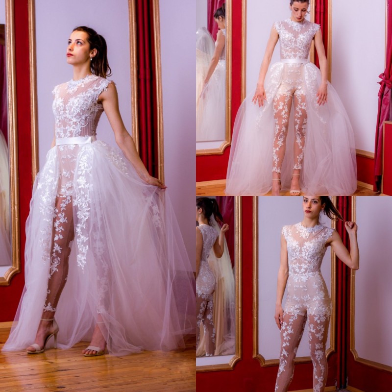 gorgeous wedding dresses jumpsuits with detachable train lace appliques plus size bridal gowns pants suits robe de marie