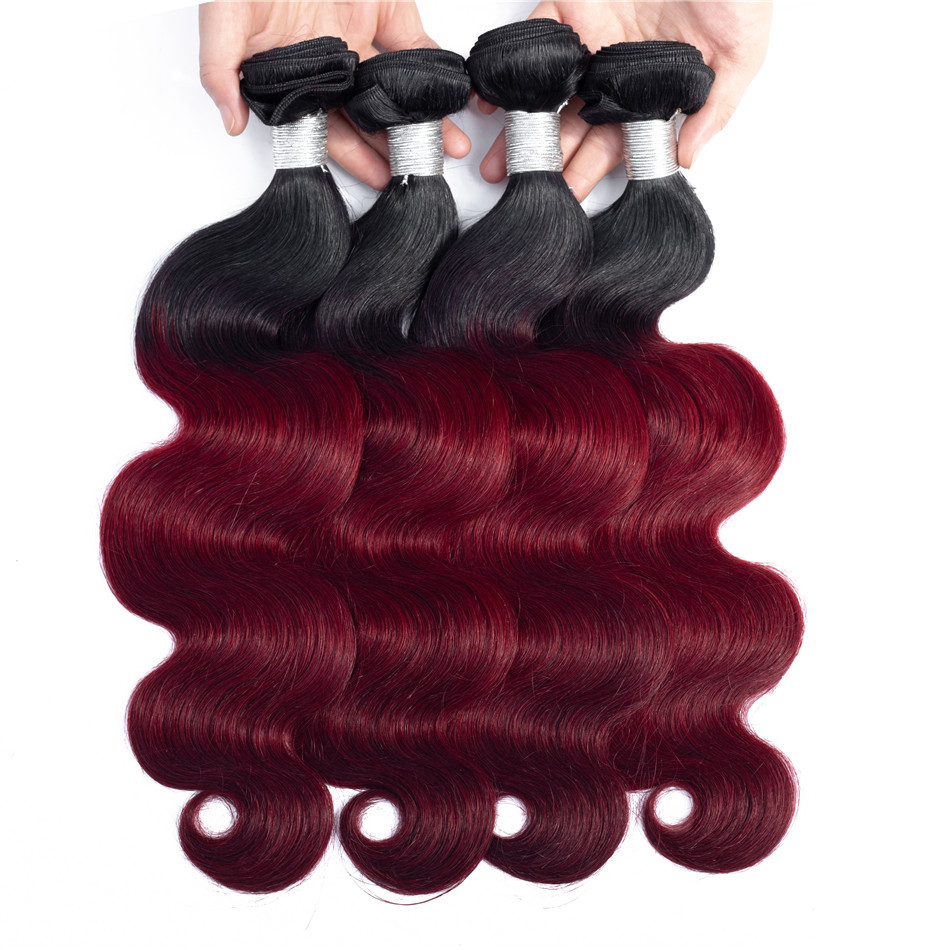 Free shipping Brazilian 1b/99J Body Wave with Lace Closure Human Weaves Ombre Color Hair Extensions
