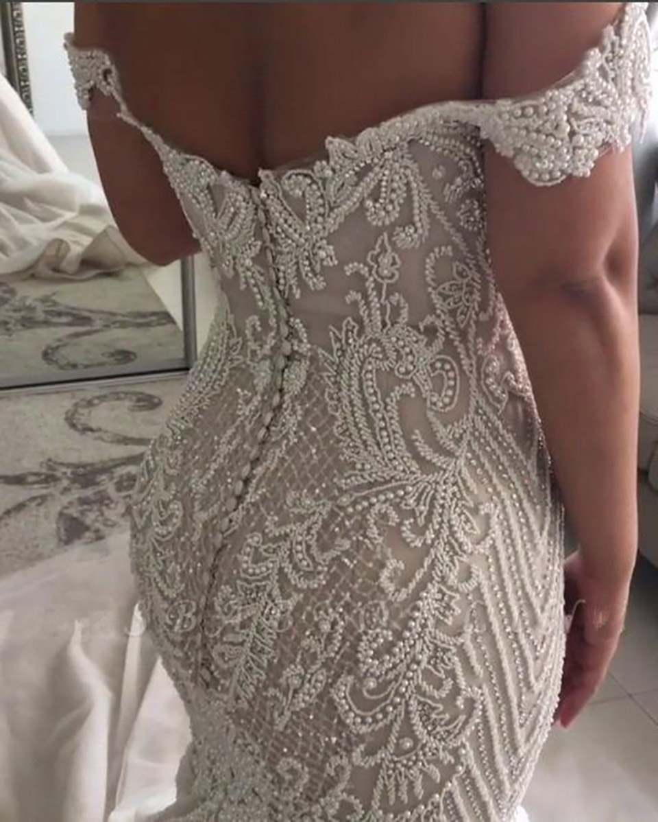 Luxury Pearls Lace Mermaid Wedding Dress Robe de Mariee Sexy Deep V Neck Cap Sleeve Wedding Gowns Vestido de Noiva