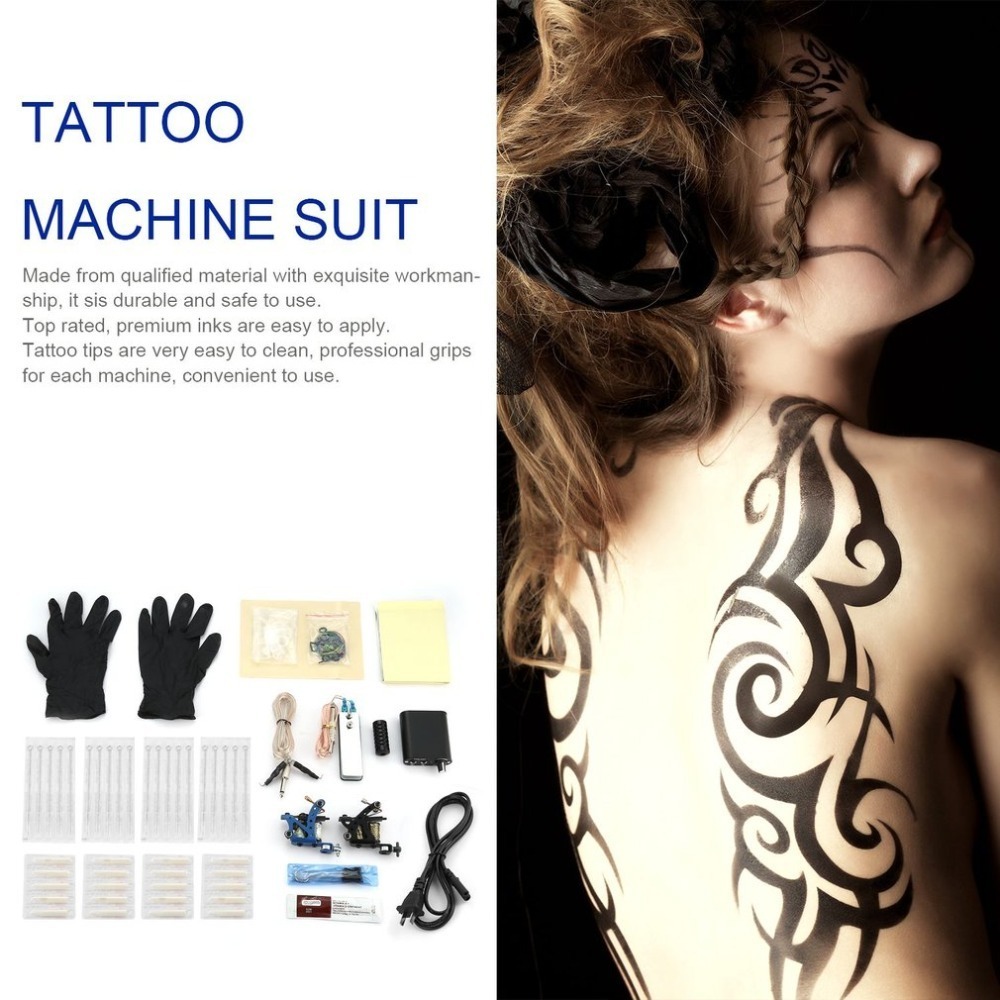 Tattoo Complete Beginner Tattoo Kit 2 Pro Machine Inks Power Needle Grips Tips Body Arts Beauty Tatto Accessories Basic Set