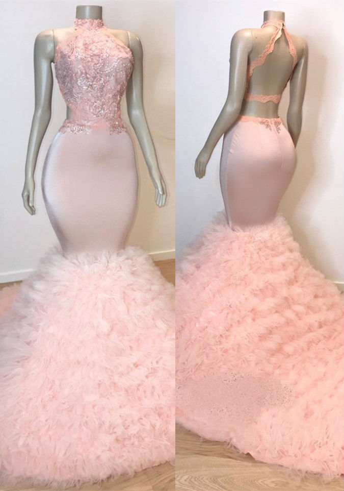 Light Pink Mermaid Prom Dresses 2019 Sleeveless High Neck Lace Sequined Evening Gowns Backless Tiered Sweep Train Cocktail Party Dresses