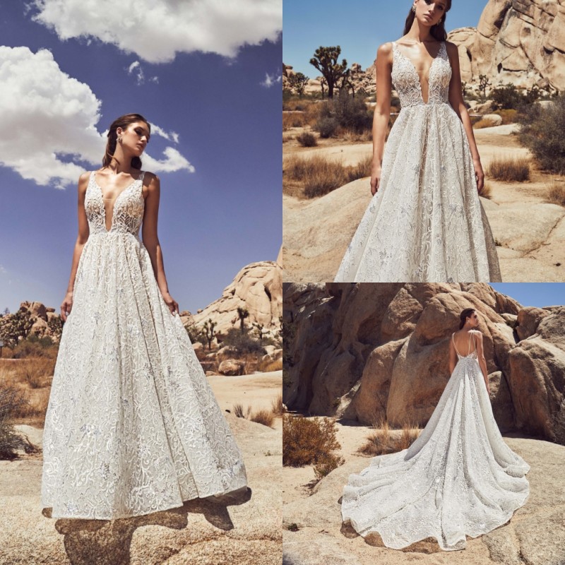 Calla Blanche 2019 A Line Wedding Dresses Full Lace Deep V Neck Sexy Backless Bridal Gowns For Beach Gardens Cheap Wedding Dress
