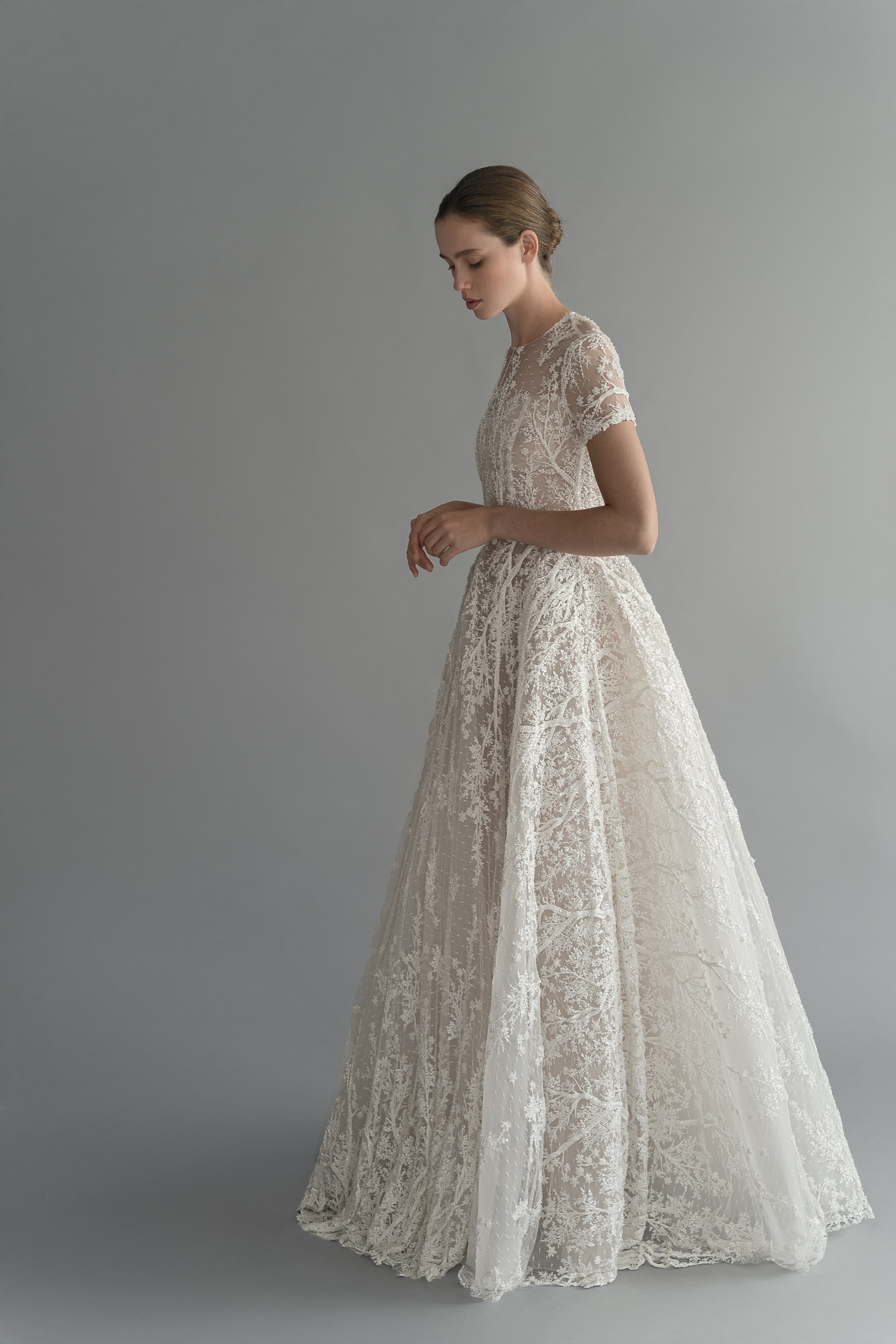 Modern A Line Chana Marelus Wedding Dresses Jewel Neck Short Sleeve Applique Sash Wedding Gowns Floor Length robe de mariée