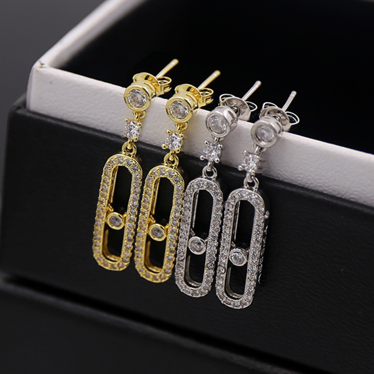 Wholesale- Exquisite inlaid copper micro hollow rectangular stone stud Earrings double color gold color earrings for women jewelry