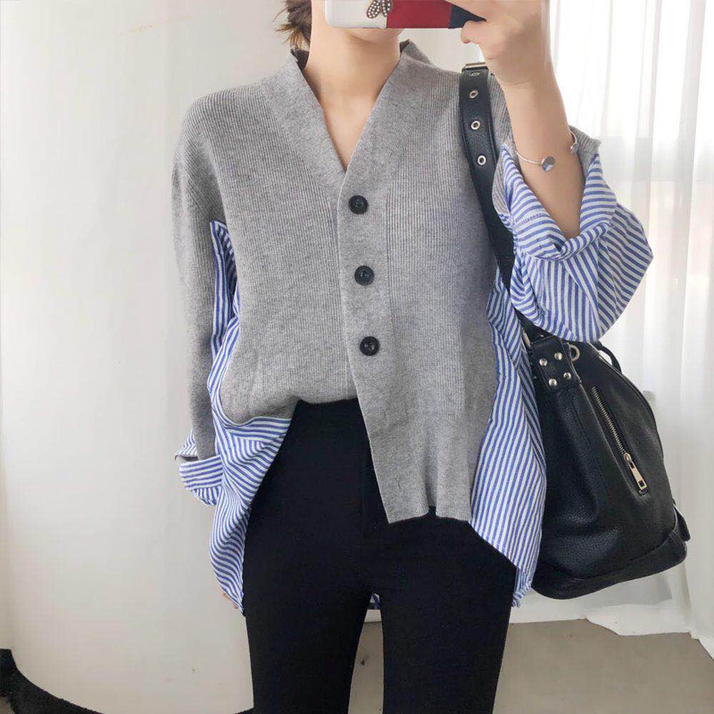 New design womens autumn knitted v-neck patchwork stripe asymmetric irregular sweater blouse top coat loose korean casacos