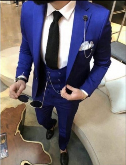 High Quality One Button Blue Wedding Men Suits Notch Lapel Three Pieces Business Groom Tuxedos (Jacket+Pants+Vest+Tie) W1080