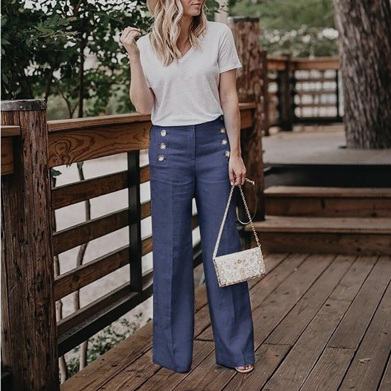 Plus Size 3XL 2019 Summer New Hot Cotton Linen Women Wide Legs Pants Solid Casual High Waist Button Trousers Female Loose Pants T200104