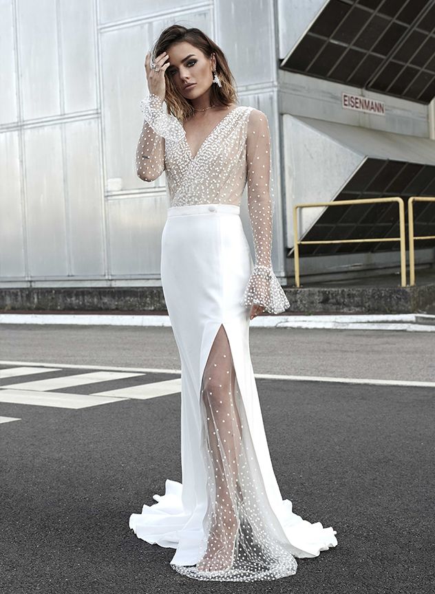Vintage Country Dresses V Neck Lace With Spot Sweep Train Illusion Bodice Mermaid Wedding Dress Side Split Long Sleeve Bridal Gowns
