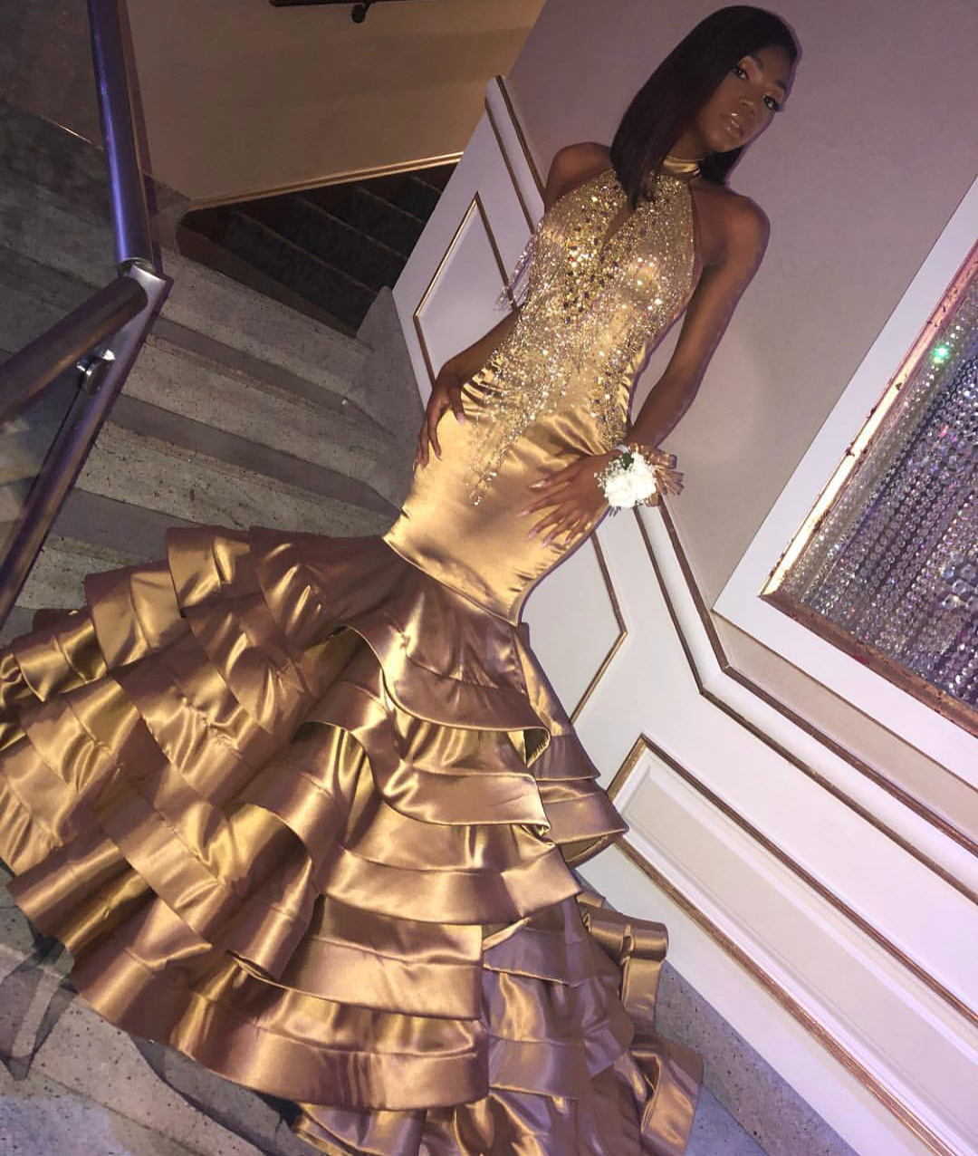 2019 Gold Mermaid Prom Dresses With Tiered Ruffles High Neck Sequined Tassels Evening Gowns Custom Made Special Occasion Dresses