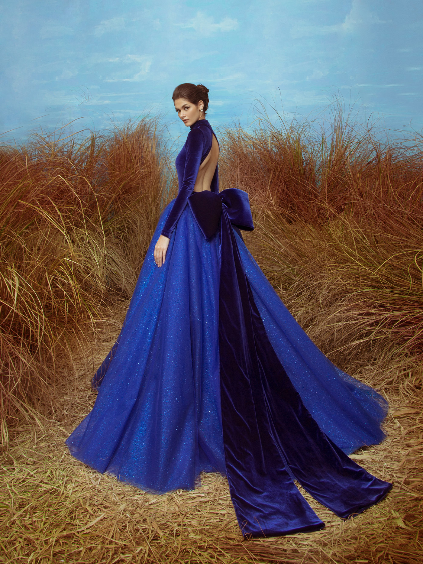 2020 Royal Blue Evening Dresses High Neck Velvet Hollow Back Long Slevee Prom Dress Custom Made Formal Occasion Gowns
