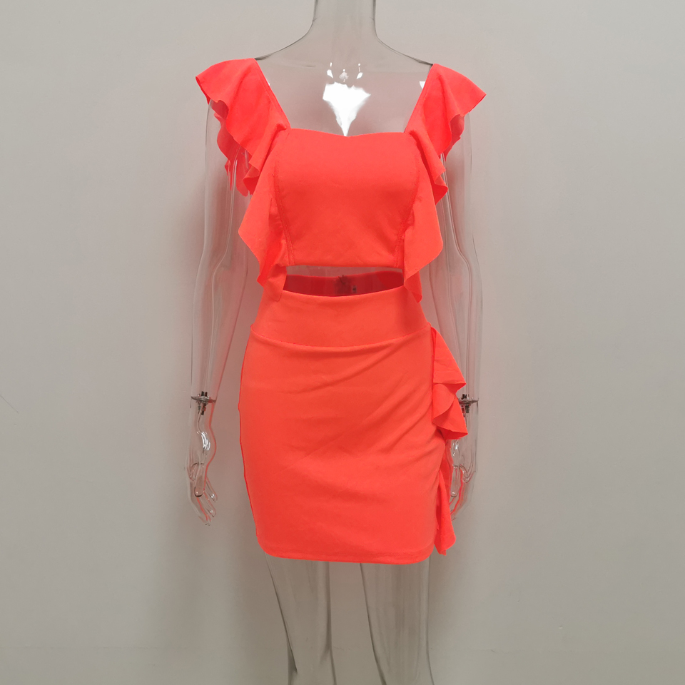 Avv New Solid Ruffle Outfit Casual Holiday Micro 2 Piece Women Summer Neon Green Flare Sleeveless Crop Top And Skirt 2 Piece Set