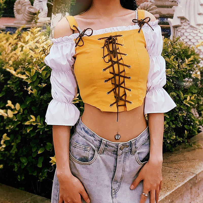 2020 Summer New Women Clothes Spaghetti Strap Slash Neck Bandage Long Flare Sleeve Patchwork High Street Casual Short T Shirts, Yellow
2020 Summer New Women Clothes Spaghetti Strap Slash Neck Bandage Long Flare Sleeve Patchwork High Street Casual Short T Shirts, Yellow