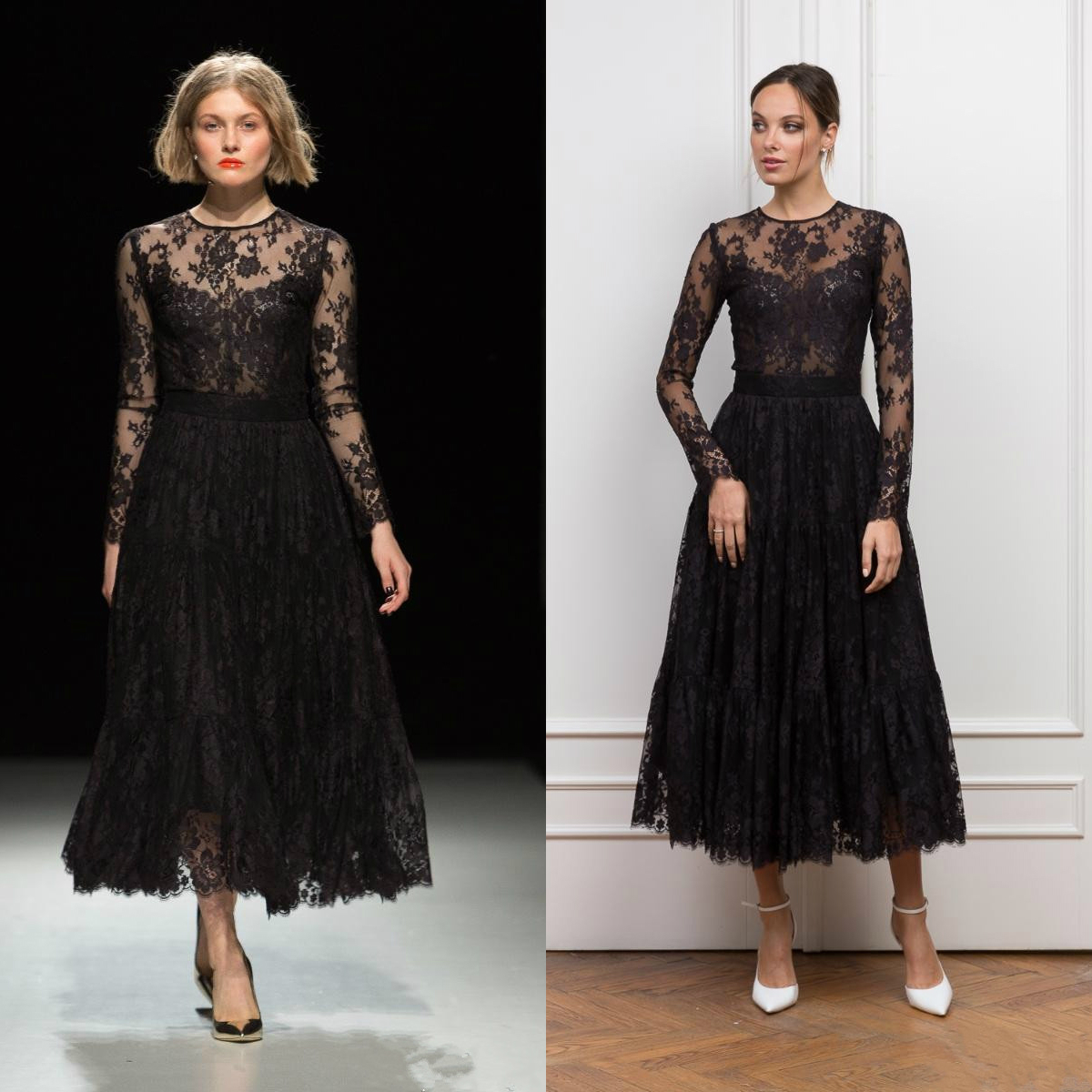 Gothic Black Tea Length Mother of the Bride Dresses Long Sleeve Jewel Neck Wedding Guest Dresses Full Lace Vintage Dress Evening Wear