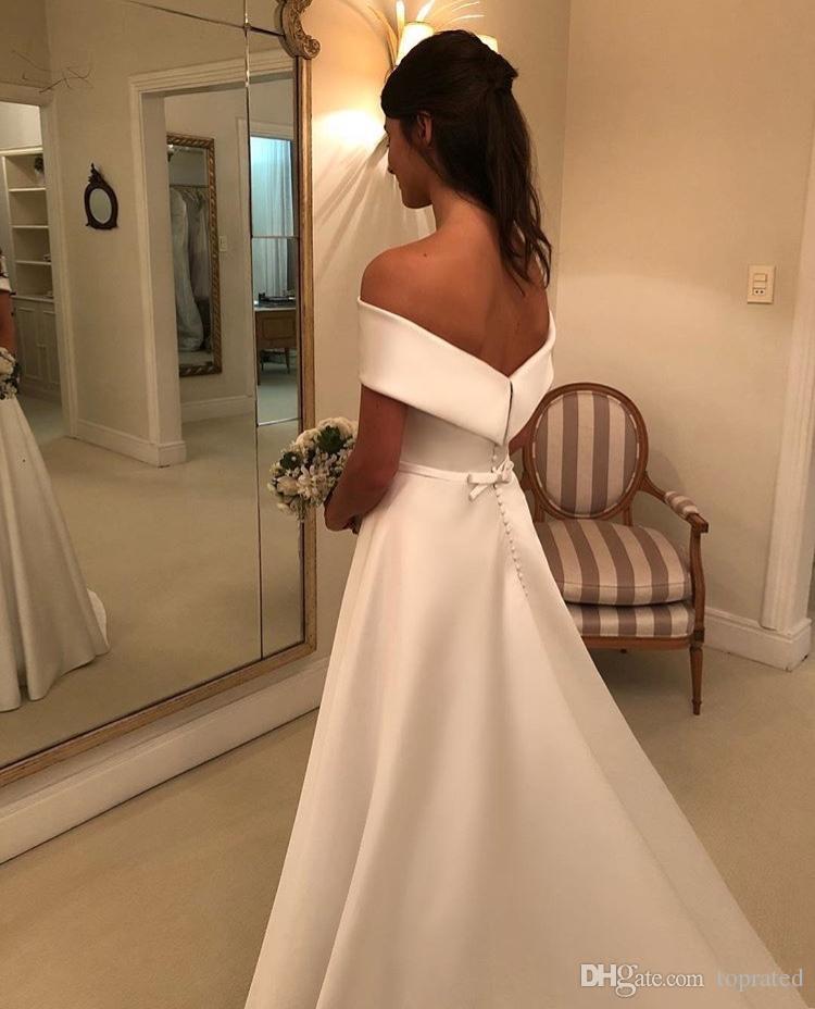 Simple A Cheap E Satin Off The Shoulder Wedding Bridal Gowns Casual Dresses Zipper With Buttons Back Vestidos De Novia