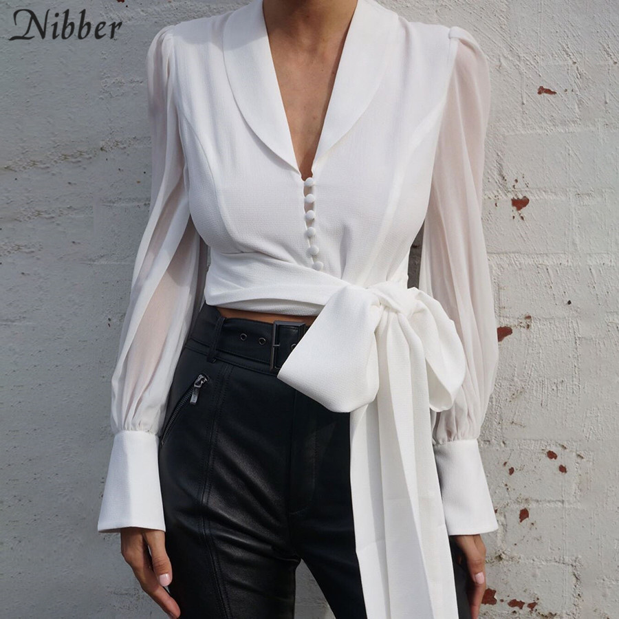 Nibber 2019Autumn Office ladies White Chiffon tops women full sleeve t-shirts Solid Elegant wild Slim Soft Belt tee shirts mujer T200110