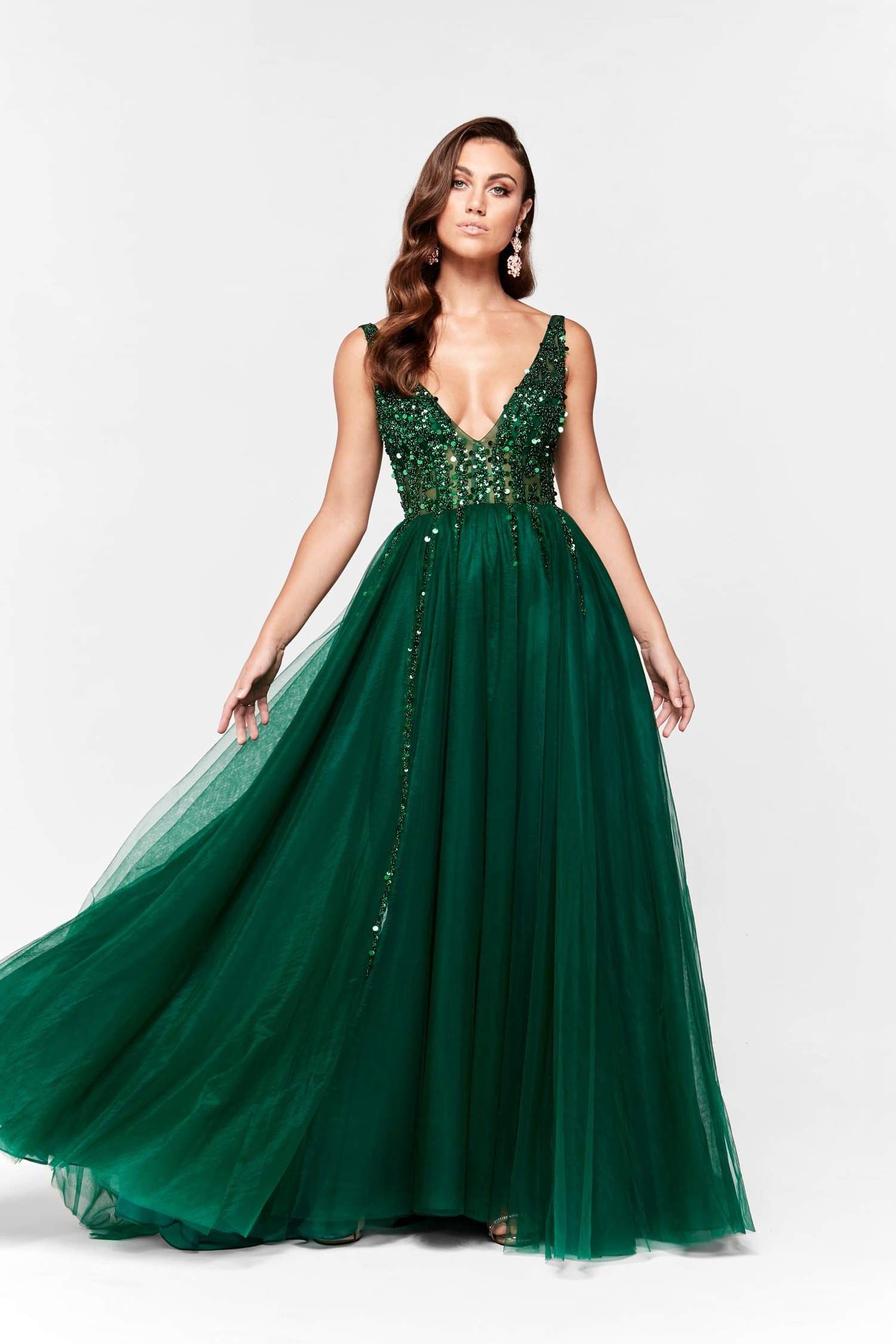 green evening dresses v neck beaded sequins sleeveless prom gown backless ruffle sweep train custom made formal party gown