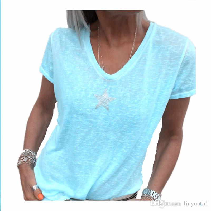 2020 Summer Explosion Models V-neck Print Five-pointed Star Loose Female Short-sleeved T-shirt Neon Tops Roupas Femininas