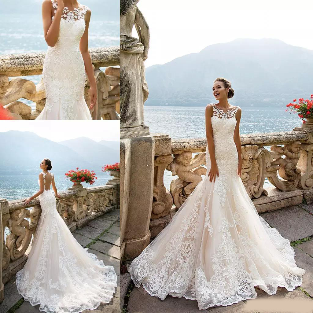 2020 Sheer Mermaid Wedding Dresses Champagne Lining Bateau Neck Sleeveless Full Lace Appliqued Plus Size Bridal Gowns for Wedding