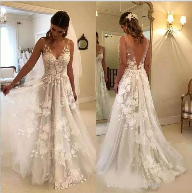 Newest Princess V-Neck A-line Wedding Dresses Appliques Beaded Zipper Back A Line Backless Custom Made robe de soriee Wedding Gowns