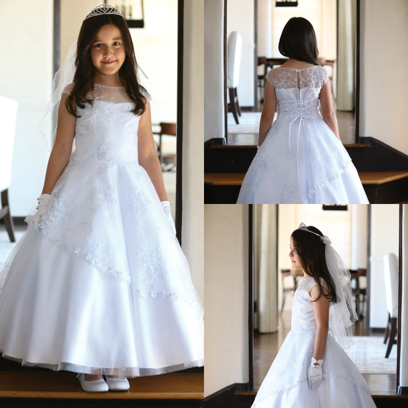 Cute White first holy communion dresses Scoop Cap Sleeves Lace Crystal Flower Girls Pageant Dresses Modern Arabic Kids Inexpensive Gown 2018