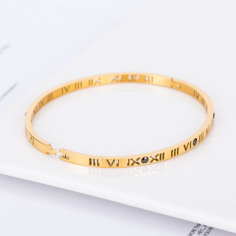 Bangle Women Gold Elegant Jewelry Fashion Hollow-Carved Roman Numberals Design Cuff Bangles Female Black Zircon Open Bracelet
Bangle Women Gold Elegant Jewelry Fashion Hollow-Carved Roman Numberals Design Cuff Bangles Female Black Zircon Open Bracelet