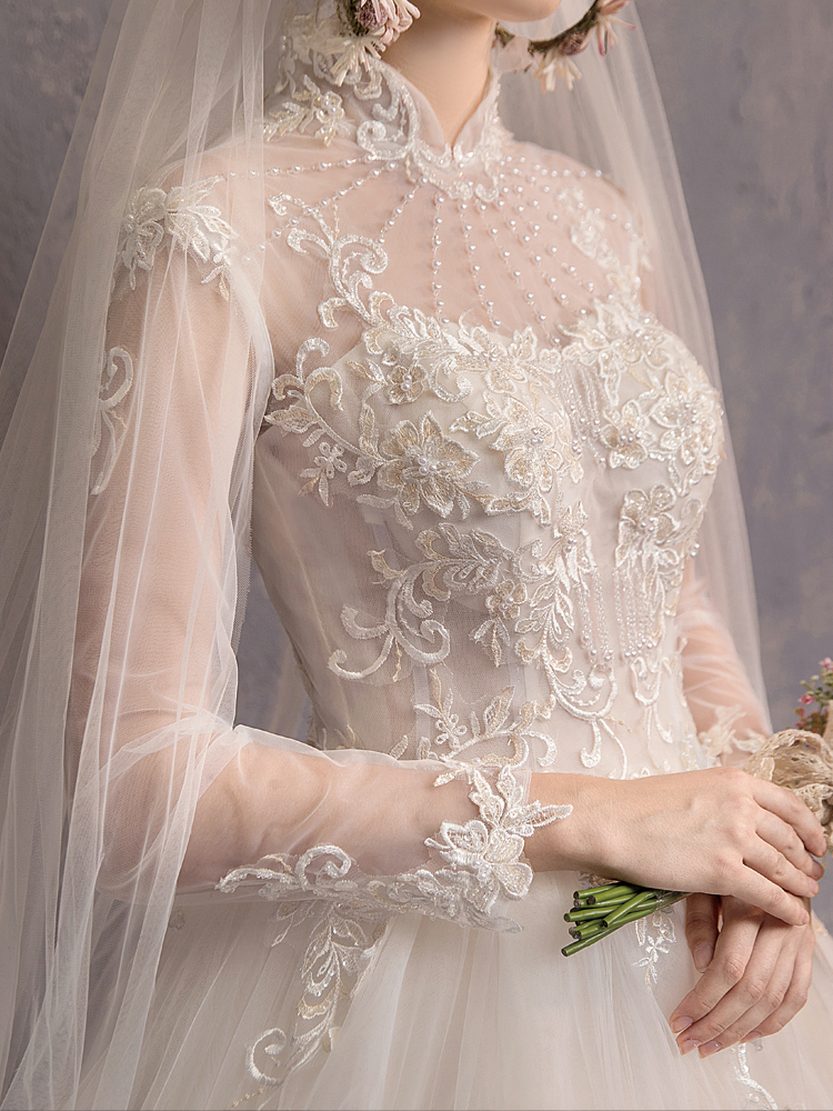 Modest YL Ball Gown High Neck Long Sleeve Hollow Wedding Dresses Lace Applique Pearls Wedding Gowns Sweep Train Bridal Gowns