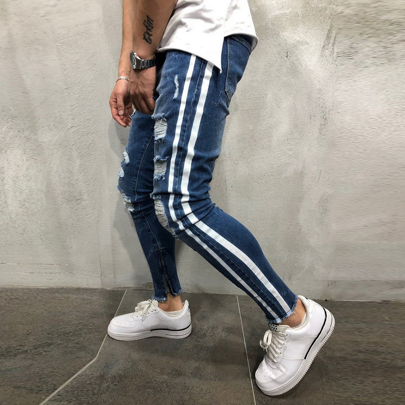 OLOME Hot Sales 2019 Ripped Side Striped Jeans Fashion Blue Streetwear Mens Skinny Stretch Jeans Pants Casual Denim Hombre