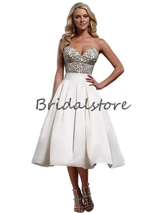 Sexy Strapless Short Wedding Dresses Elopements Sweetheart Tea Length Beaded Plus Size Country Boho Bridal Reception Gown Zipper Back Uk 50S