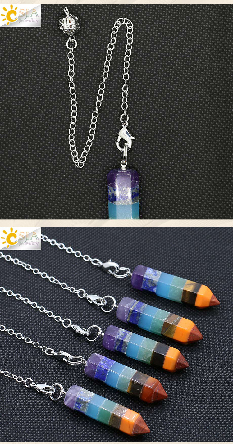 Hot Reiki Charm Pyramid 7 Colors Natural Gem Stone Rainbow Layered Dowsing Healing Point Pendant Chain Pendulum Gifts