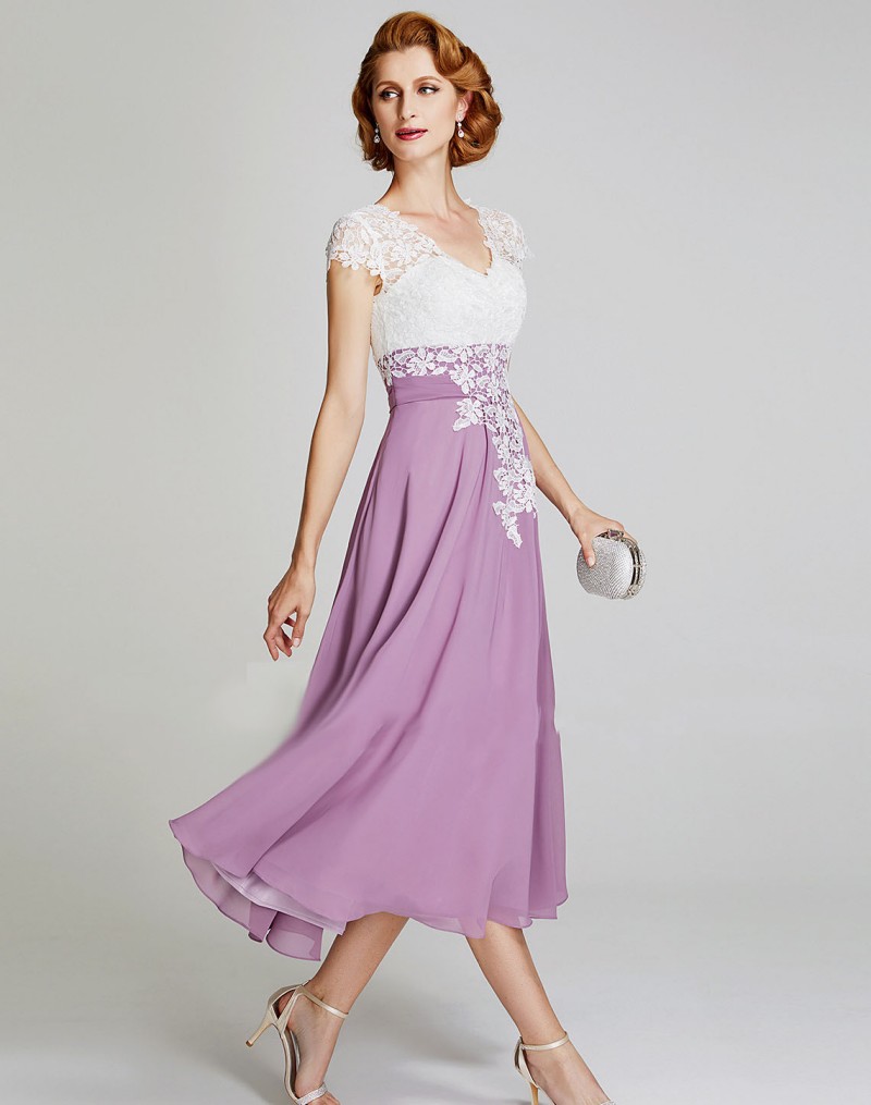 Cheap 2019 Mother Of The Bride Dresses Lace Appliqued Tea Length Groom Mothers Dress A Line Wedding Guest Formal Gowns