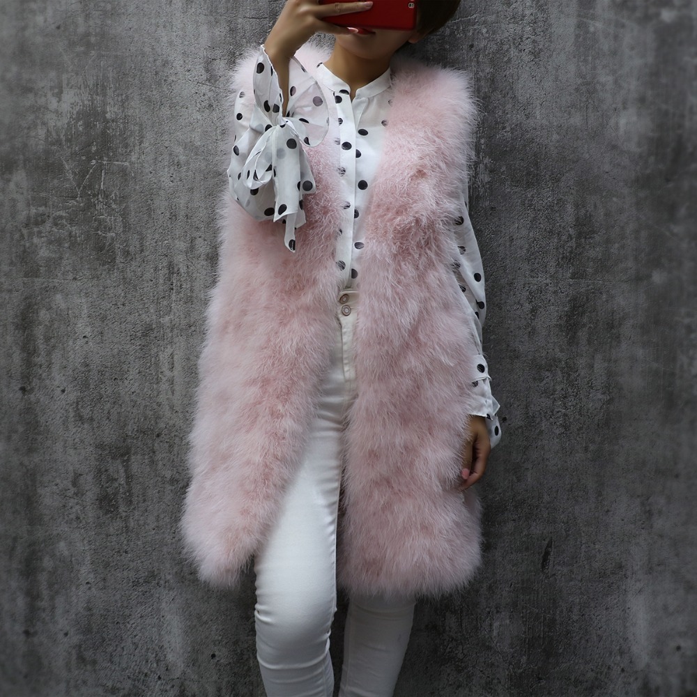 Long turkey feather fur vest autumn and winter women's sleeveless slim solid color V-neck ostrich feather waistcoat female CJ191206