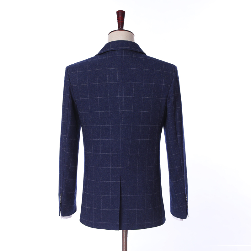 New Arrival Two Buttons Navy Blue Plaid Wedding Groom Tuxedos Notch Lapel Groomsmen Men Suits Prom Blazer (Jacket+Pants+Vest+Tie) W32