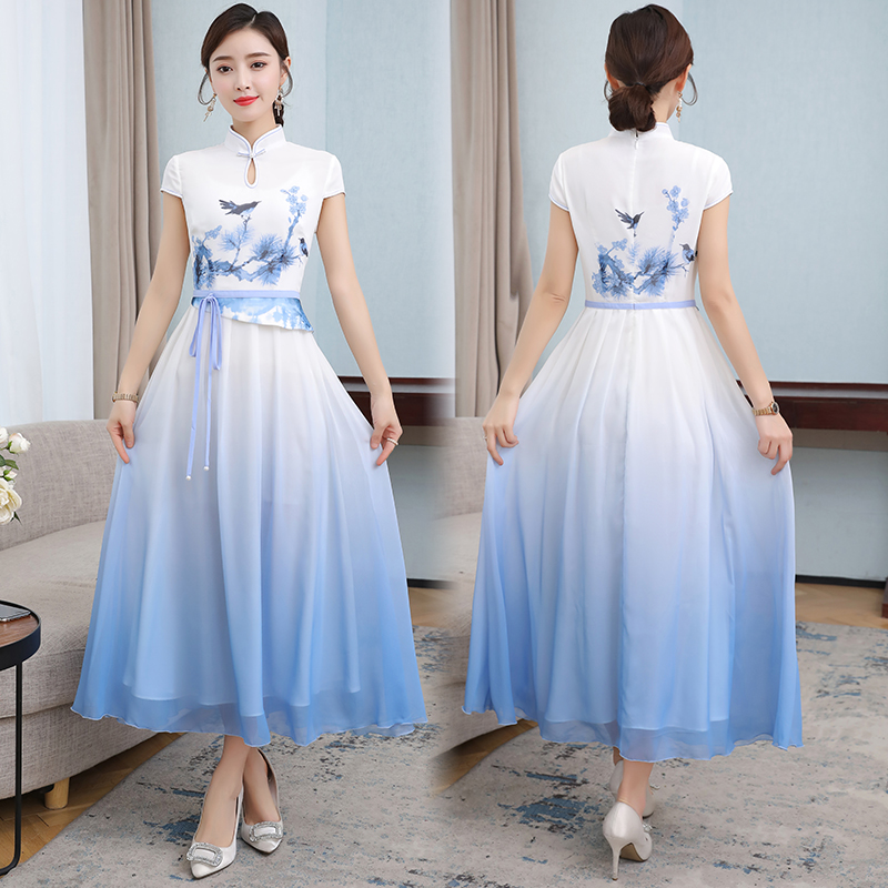 Modern Women retro pattern Printed cheongsam short Sleeve Traditional Qipao oriental gown Asia ethnic clothing elegant dress