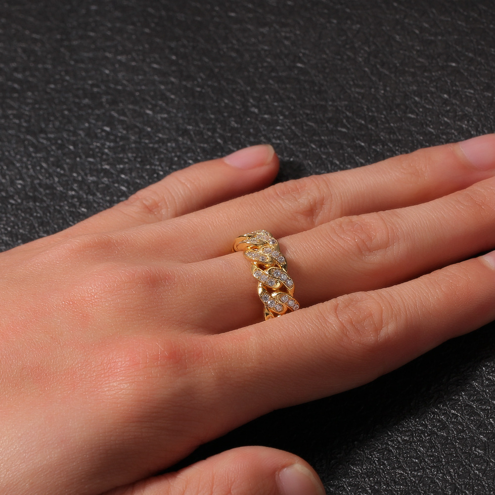 Hip Hop Shining Band Rings 18k Real Gold Plated Cubic Zircon Cuba Chain Finger Ring Jewelry
