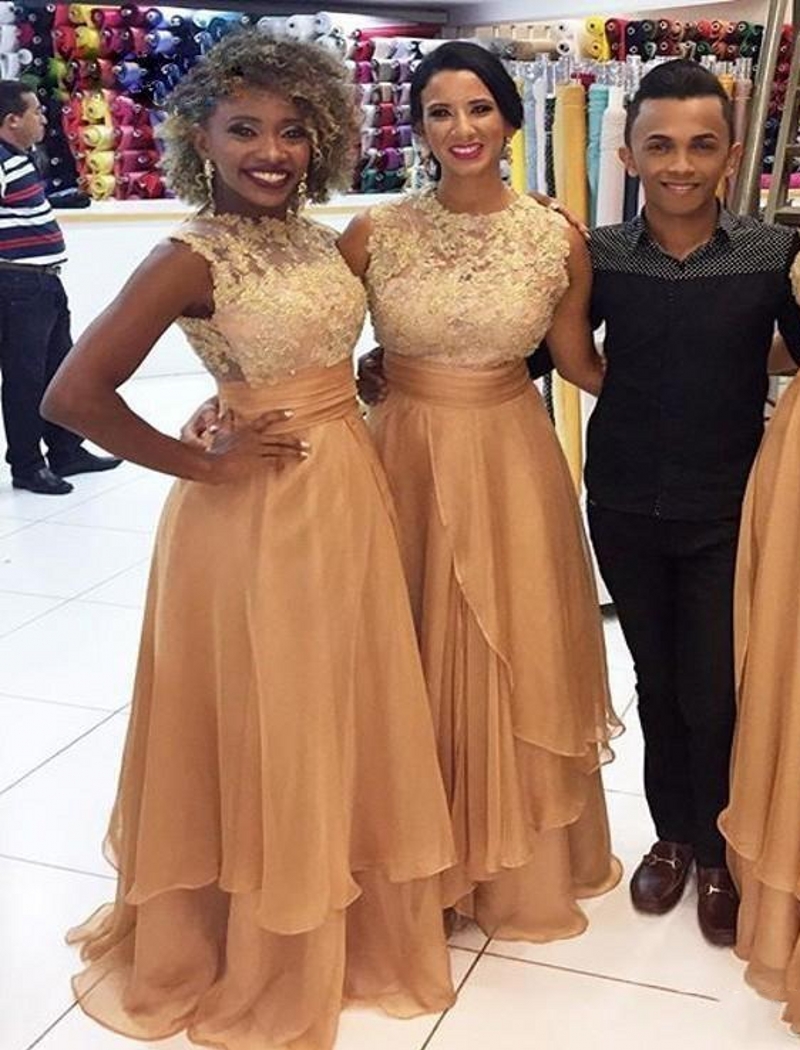 Gold Long Bridesmaid Dresses For Wedding Lace And Chiffon Sleeveless Maid Of Honor Gowns South African Bridesmaid Dress
