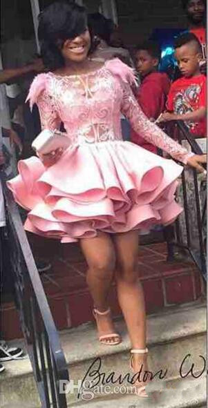 Pink Tiered Short Feather Cocktail Dresses Long Sleeves A Line Sheer Jewel Neck Sequined Prom Party Dress For Women Plus Size