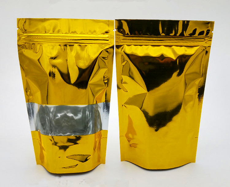 100pcs Stand up Glossy Gold Window Zip Lock Bag Resealable Golden Heat Sealing Sugar Kitechen Supplies Ground Coffee Corn Snack Display Storage Pouche