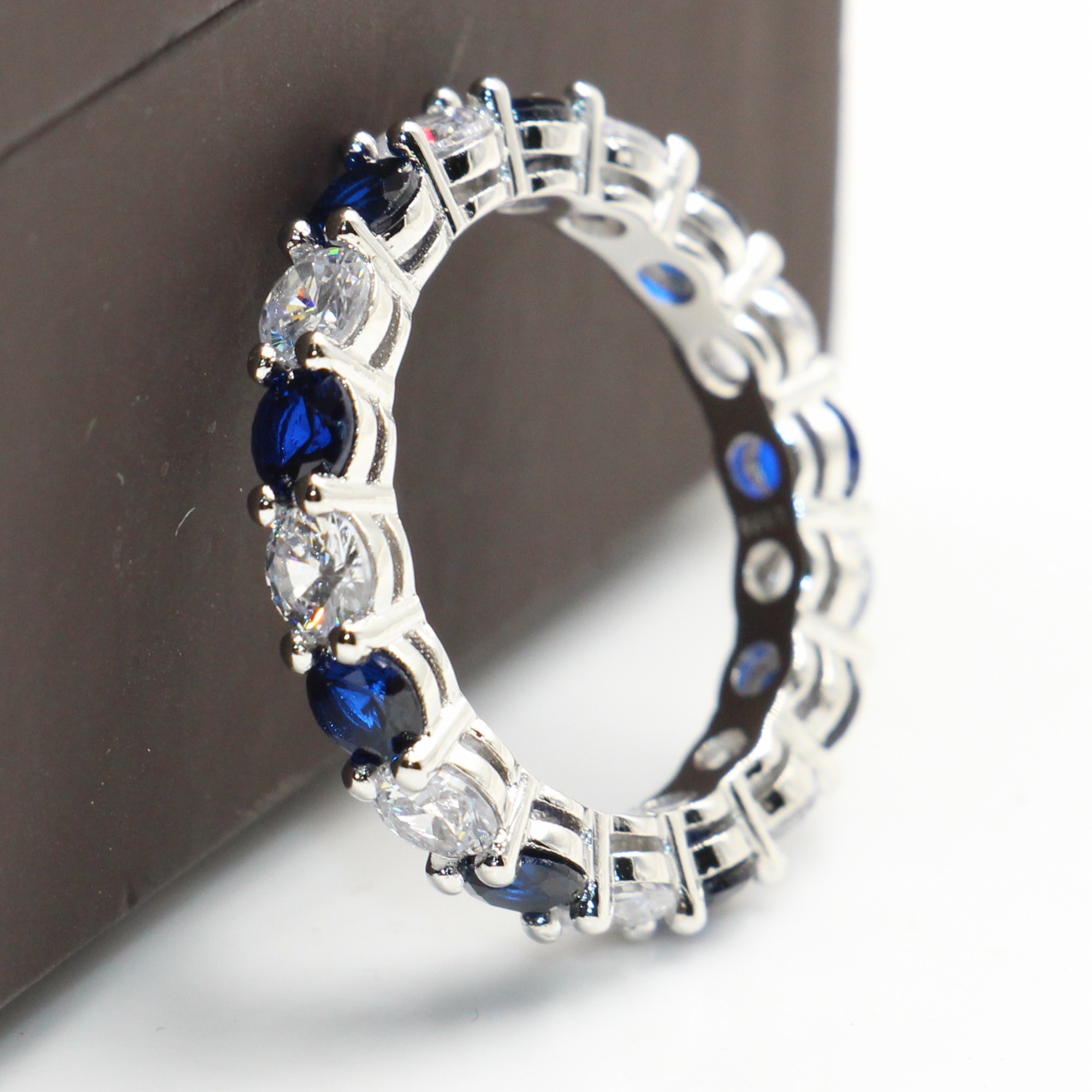 Wholesale Lots Of Stock Sparkling Fashion Jewelry Real 925 Sterling Silver Blue Sapphire CZ Diamond Stack Wedding Band Ring For Women