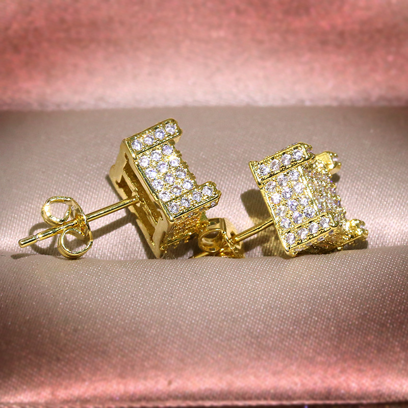 Hip Hop Men Women Square Stud Earrings New Style White Zircon Roce Earrings 18k Gold Plated 925 Sterling Needle Jewelry Wholesale