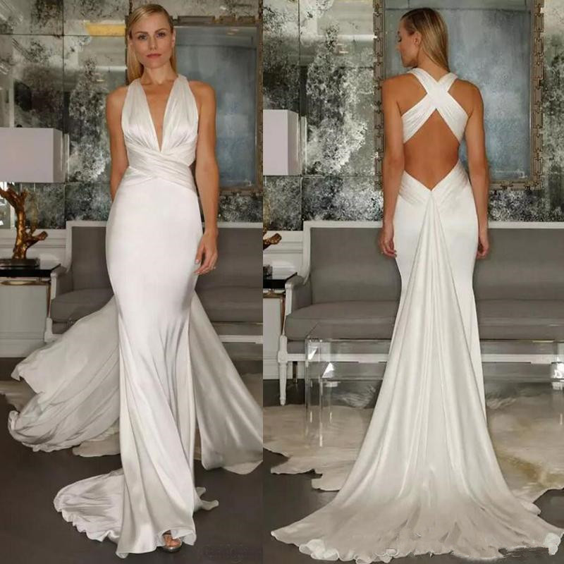 Sexy Beach Mermaid Wedding Dresses with Ribbon Cross Back Simple Chiffon Stain V Neck Ruched Sleeveless Summer Holiday Bridal Gown, Silver
Sexy Beach Mermaid Wedding Dresses with Ribbon Cross Back Simple Chiffon Stain V Neck Ruched Sleeveless Summer Holiday Bridal Gown, Silver