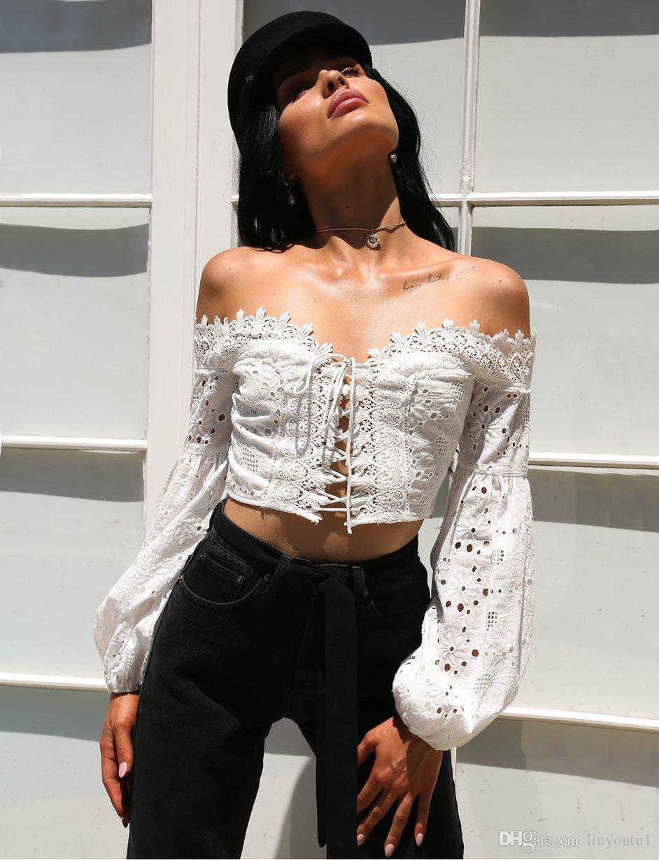 2020 Sexy Hollow Out Lacing up Bandaged Long Sleeve Square Neck Shirt Slim Princess Short Blouse Crop Cotton Exposed Navel Tops