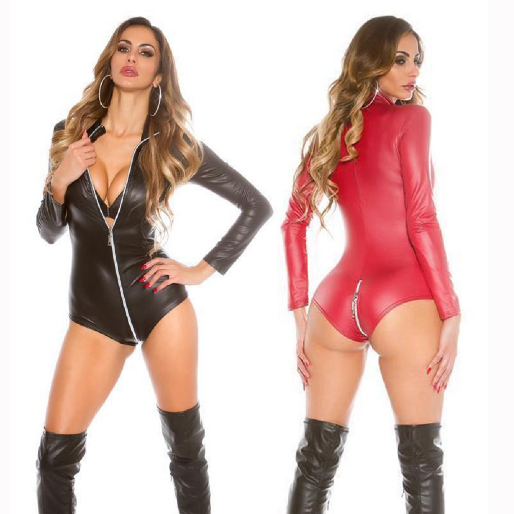 Sexy Wetlook Bodysuit Lingerie Women Latex Catsuit Faux Leather Jumpsuit Long Sleeve Zipper Crotch Fetish Costumes Erotic Body Sui4445654