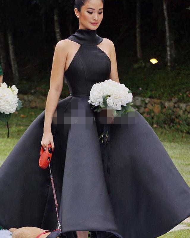 2020 Latest Satin Ballgown Prom Dresses High Neck Black White Big Bow Plunging Ankle Length Custom Made Evening Gown Formal Occasion Wear